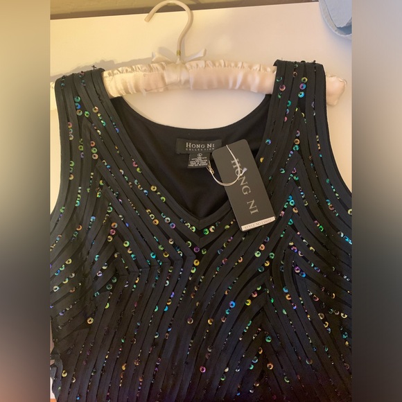 Hong Ni black sequined fringed cocktail dress, v-neck. New w/tags. Beautiful. - Picture 14 of 14